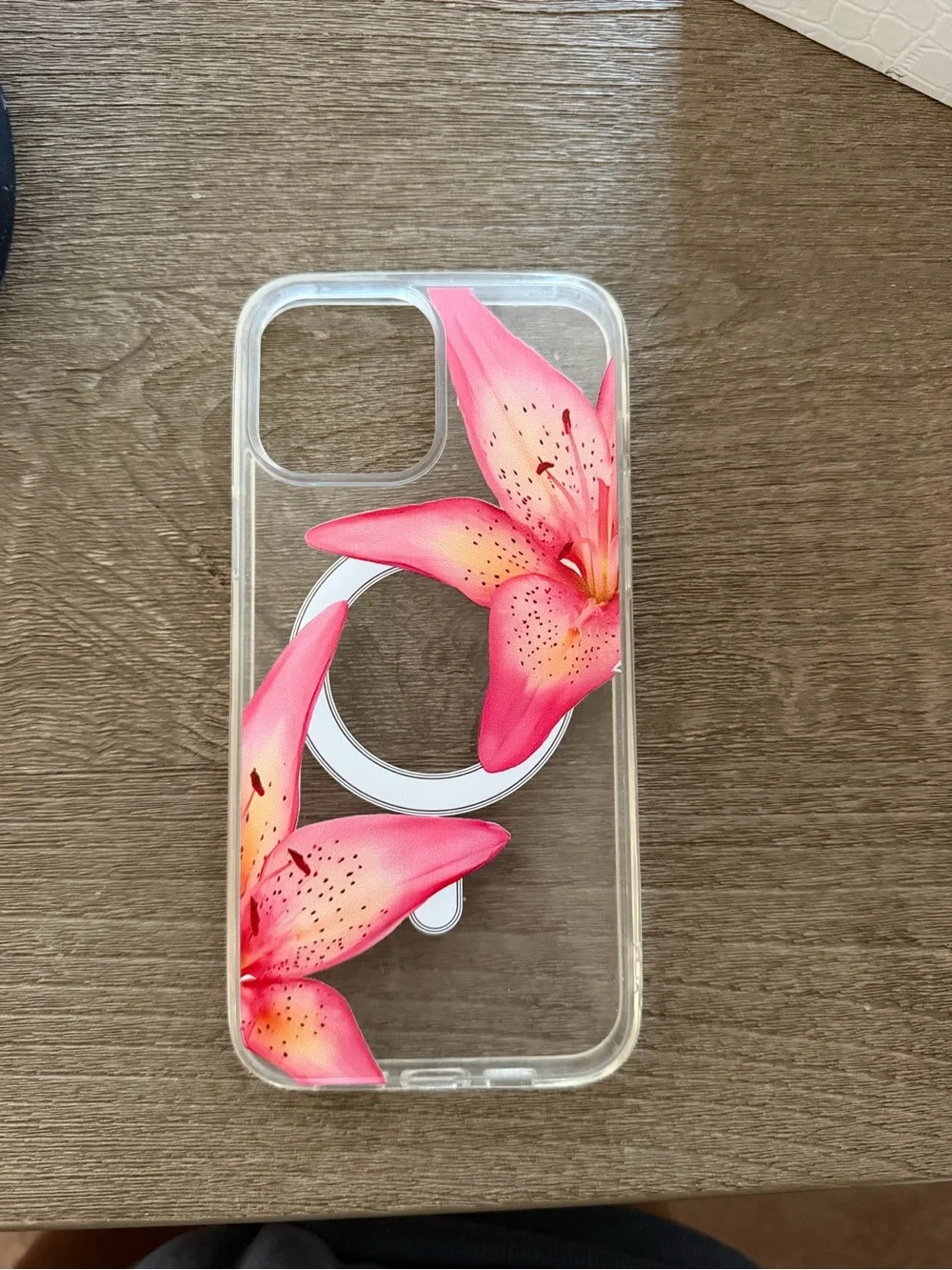 Clear Phone Case with Pink Floral Design and MagSafe Compatibility